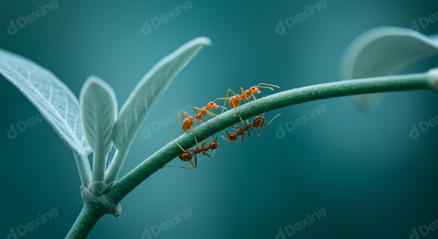 Macro Shot Of Red Weaver Ants On Green Plant Stem