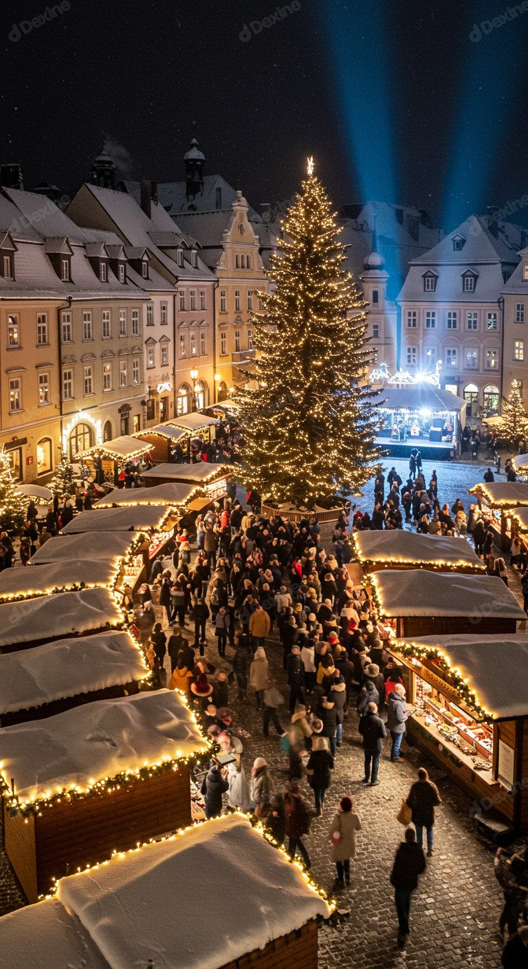 Magical Christmas Market Festive Season Vibe Under Snowy Night Sky