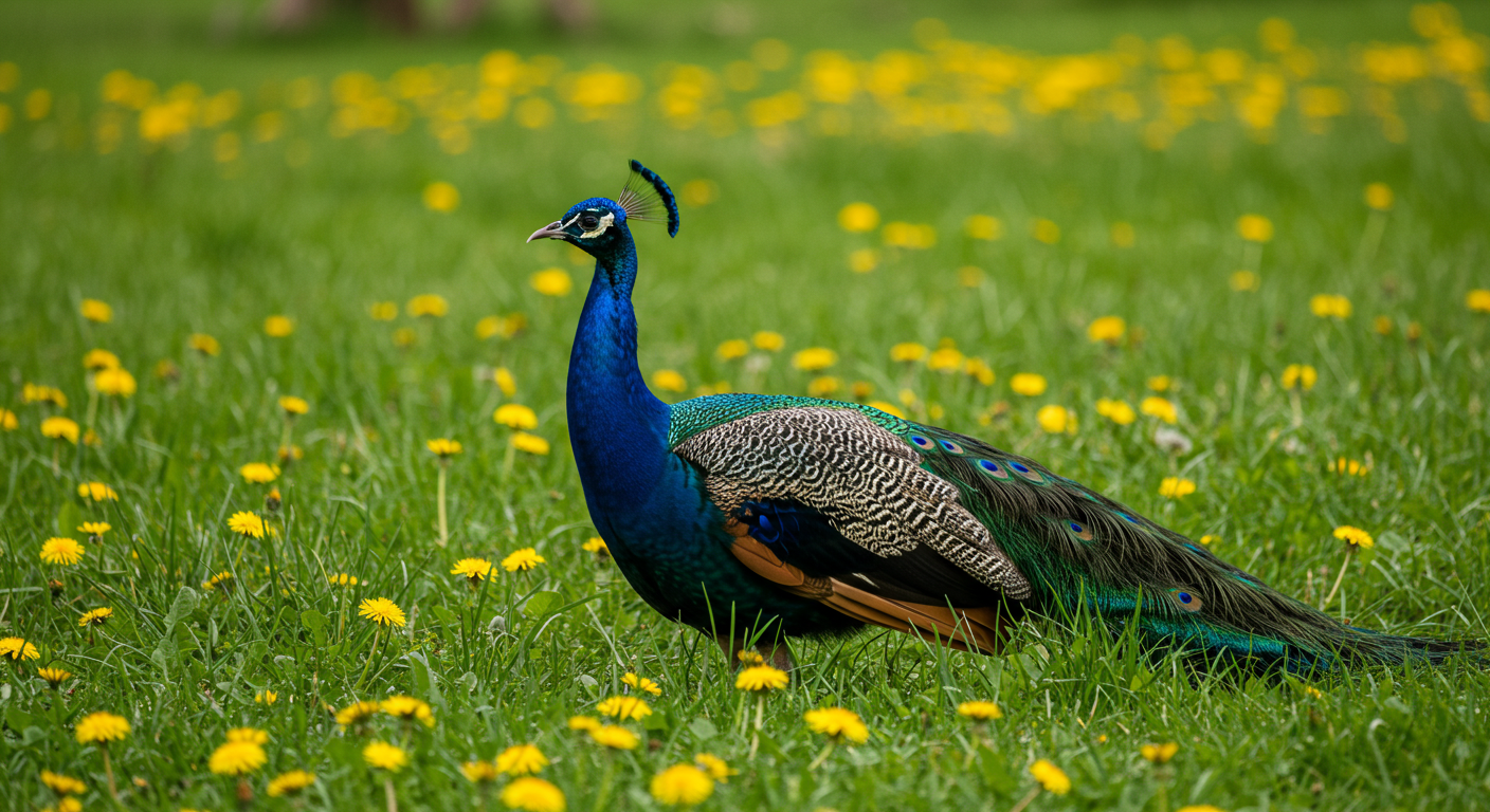 Majestic Indian Peacock Standing In A Vibrant Green Field With Dandelions
