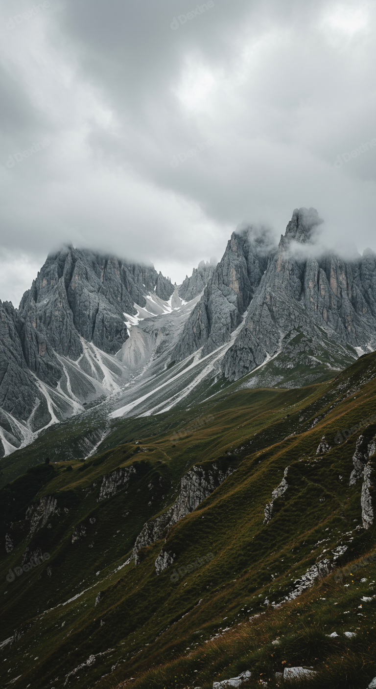 Majestic Mountain Peaks And Green Slopes Under Dramatic Cloudy Sky