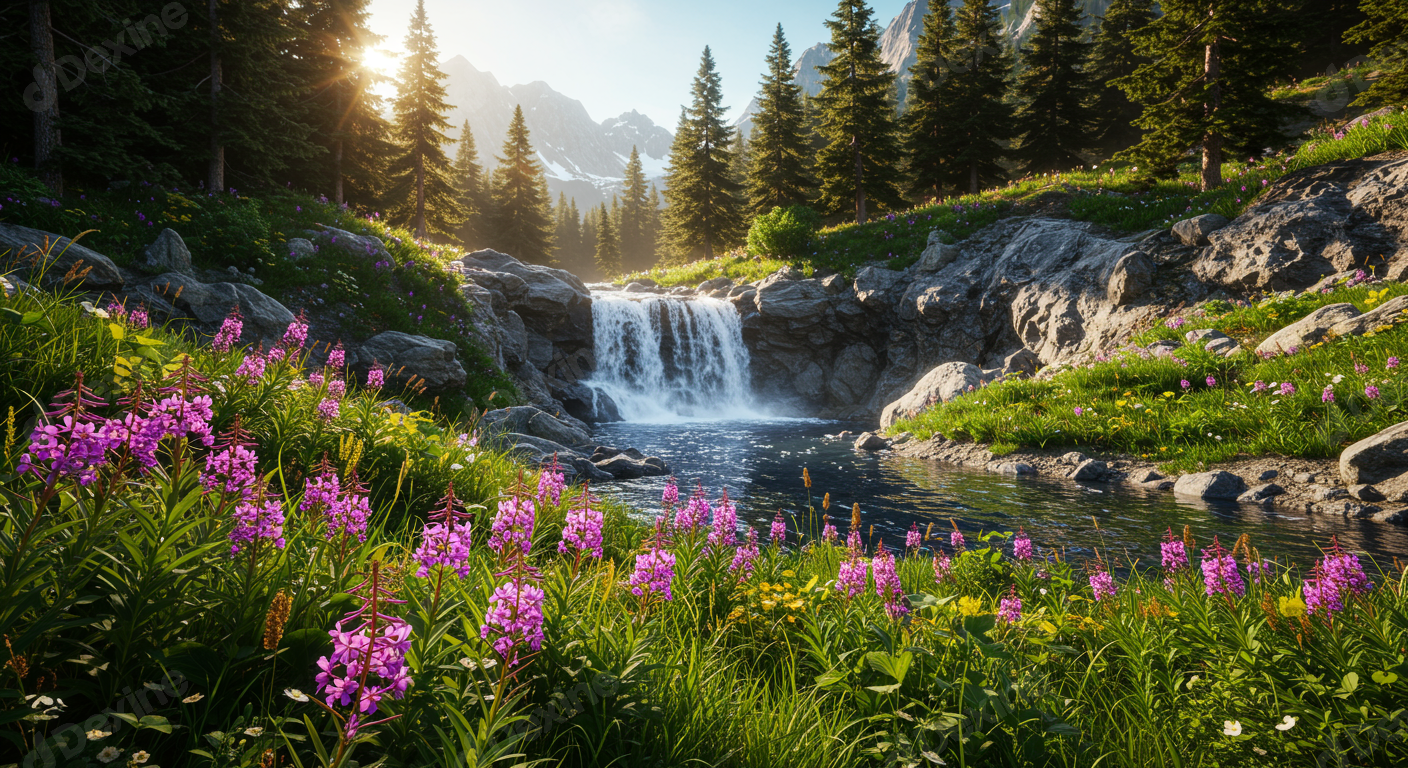Majestic Mountain Waterfall Amidst Wildflowers And Pine Trees At Golden Hour