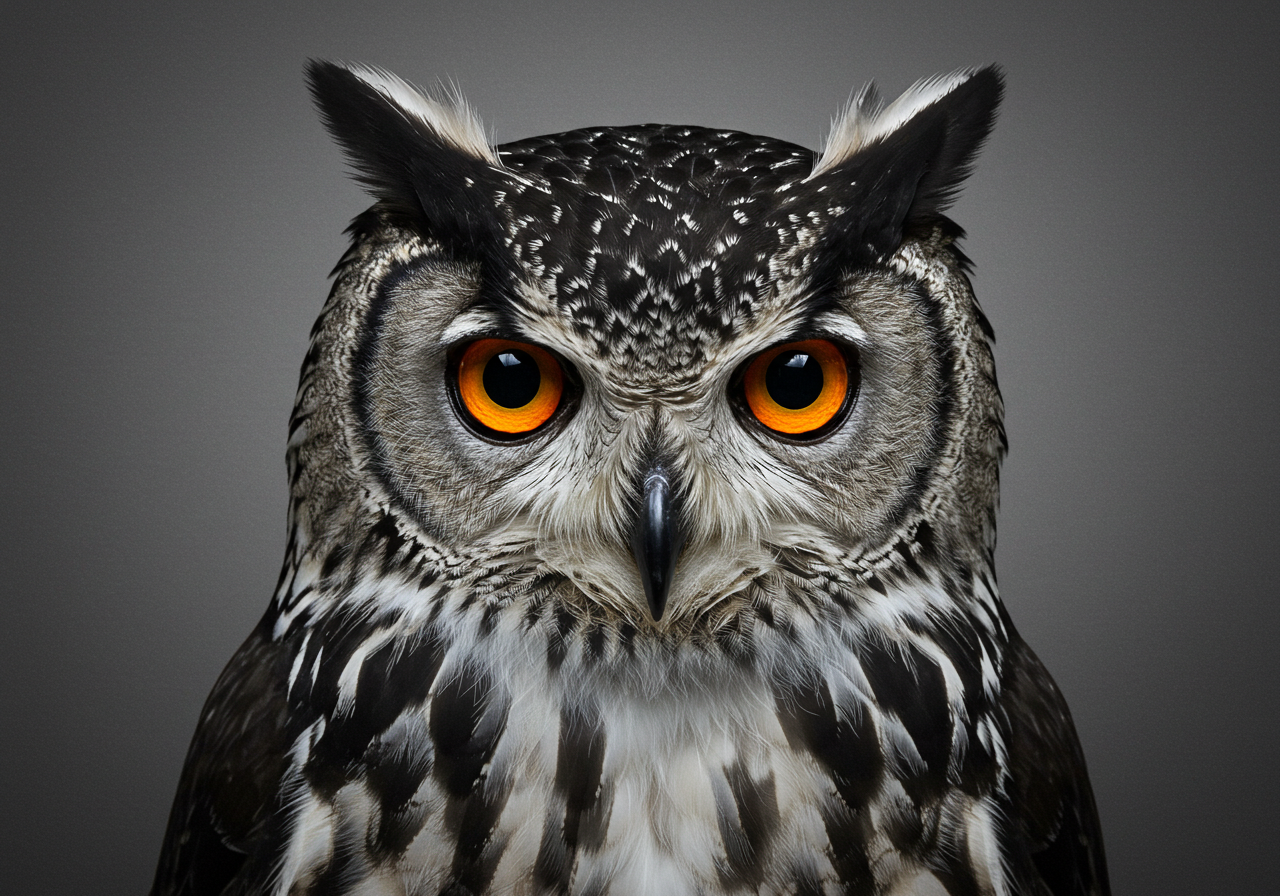 Majestic Owl With Piercing Orange Eyes On Grey Background