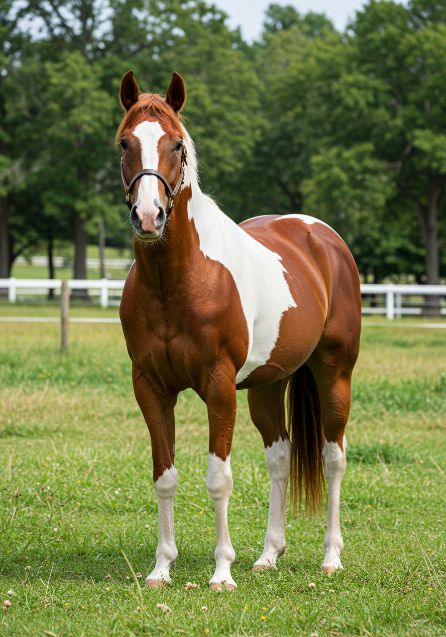 Majestic Pinto Horse Standing In A Lush Green Pasture