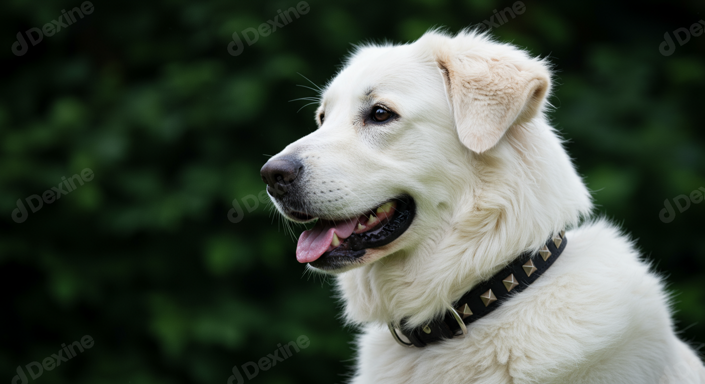 Majestic White Dog Portrait With Studded Collar Against Green Background