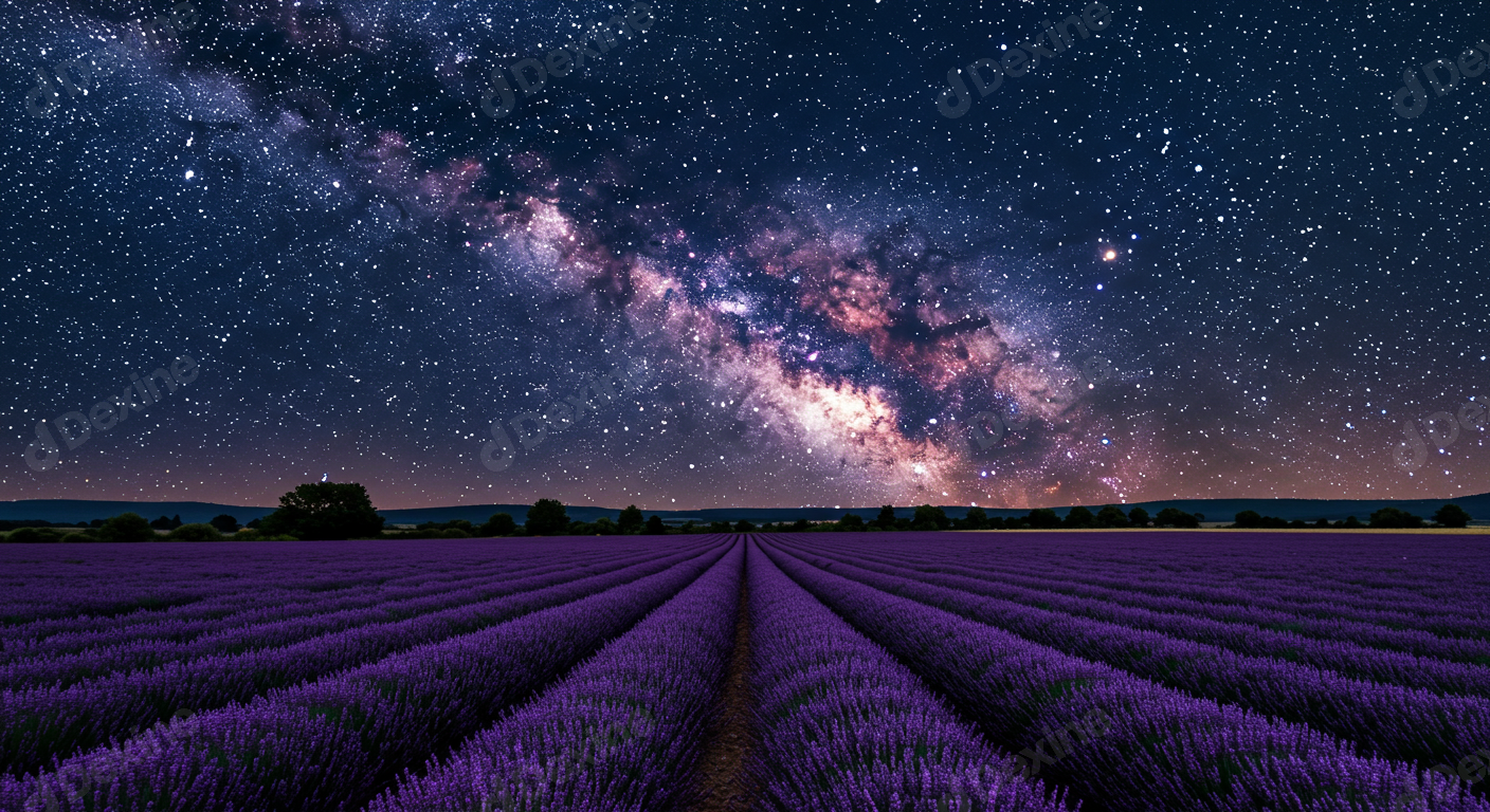 Milky Way Over Vibrant Lavender Field At Night