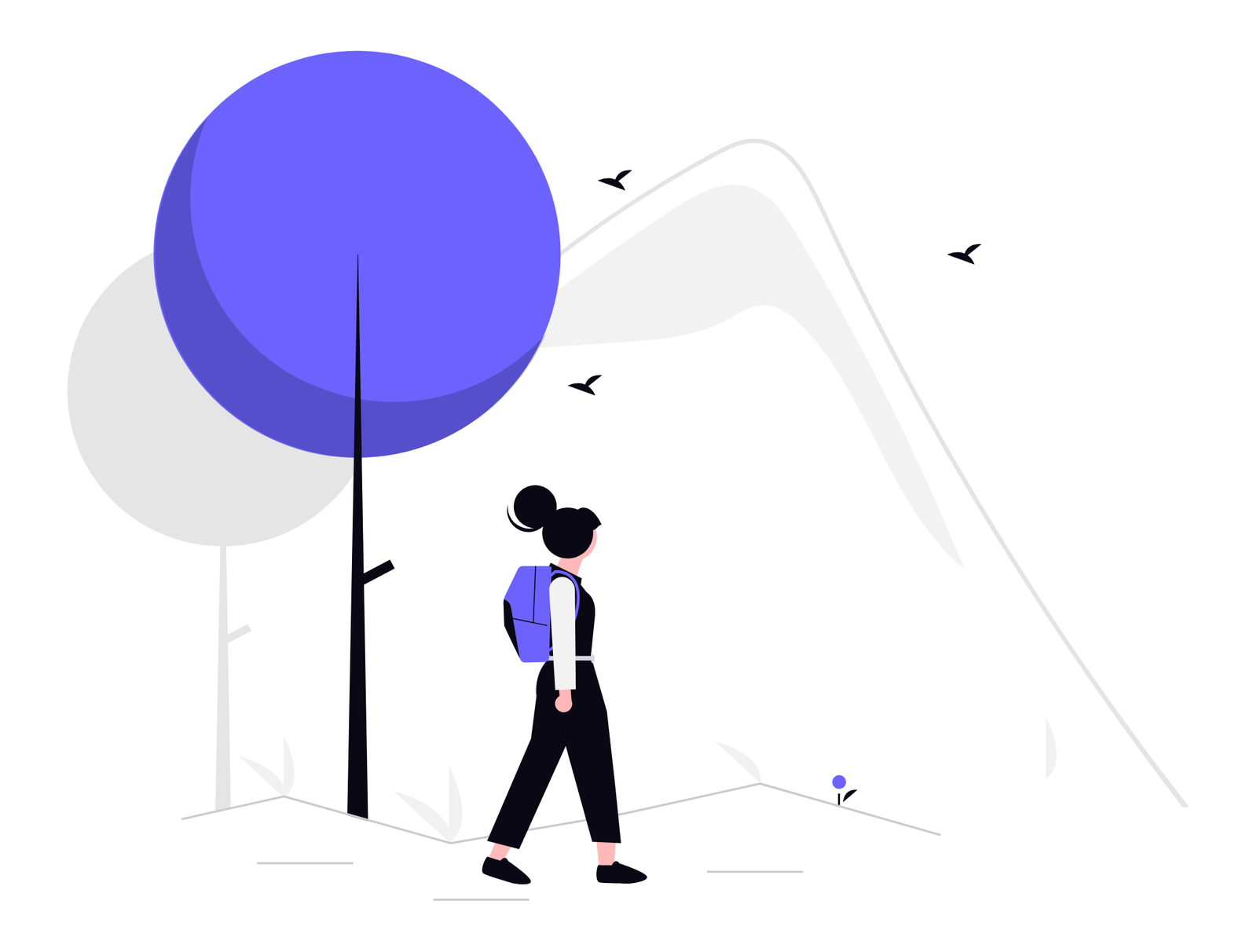 Minimalist Flat Illustration Of Woman Walking In Nature With Backpack