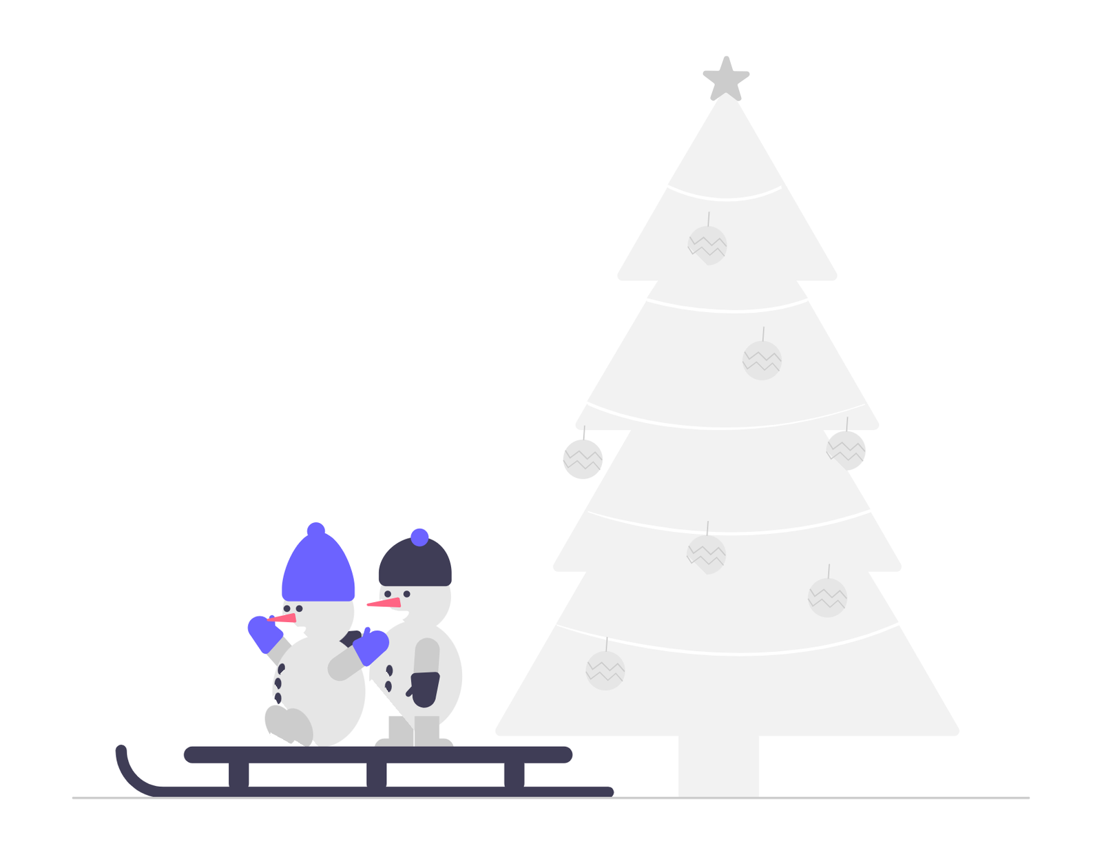 Minimalist Winter Holiday Illustration With Snowmen Sled And Christmas Tree
