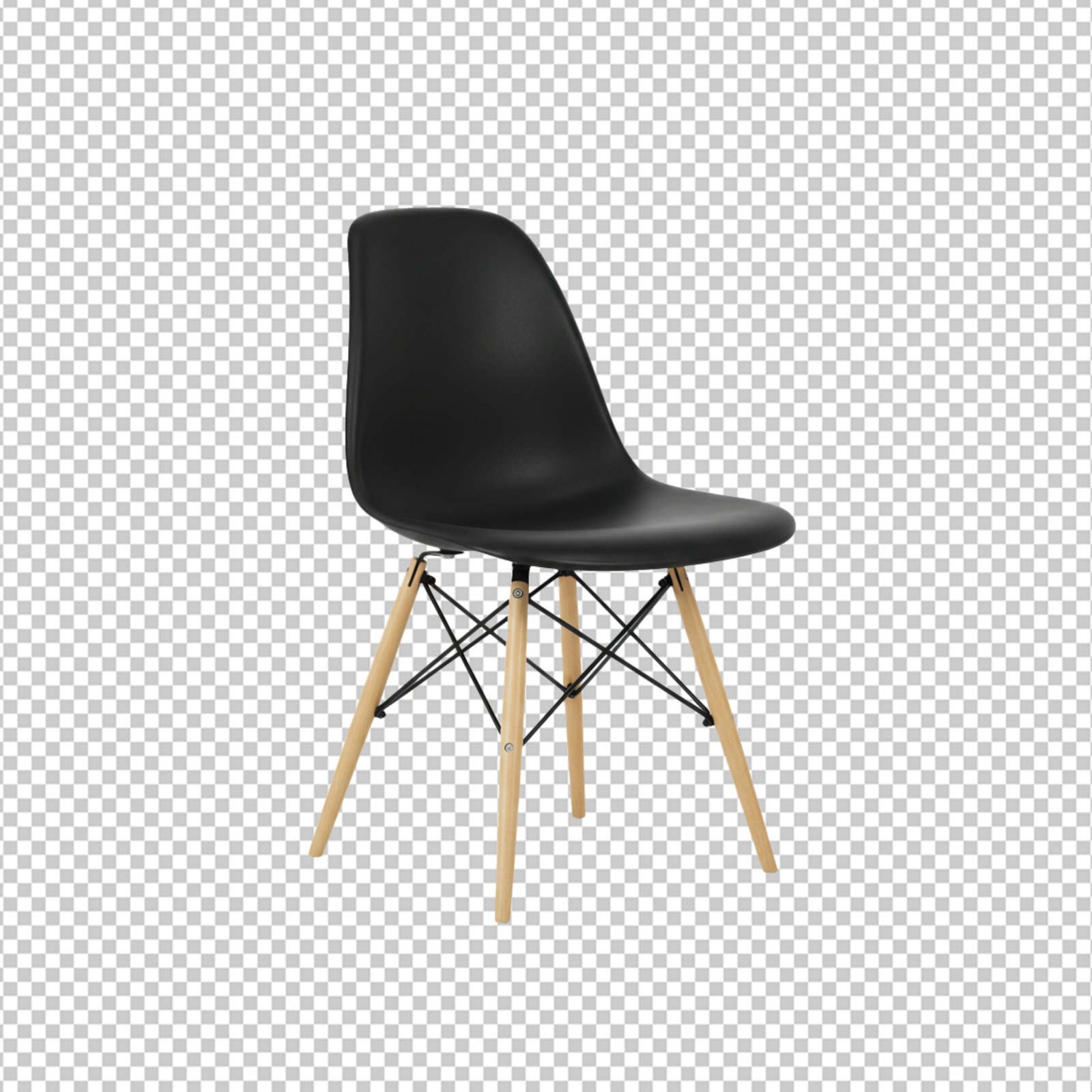 Modern Black Dining Chair With Wooden Legs Isolated On Transparent Background
