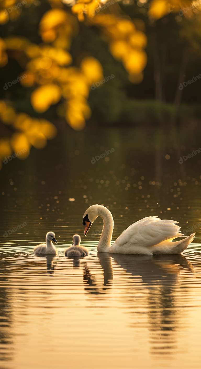 Mute Swan Family With Cygnets Swimming In Golden Hour Light