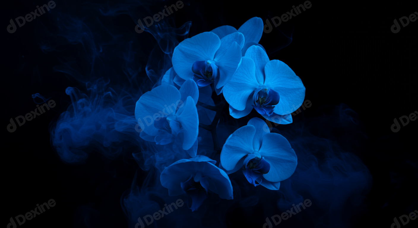 Mystical Blue Orchids Surrounded By Dramatic Smoke On Black