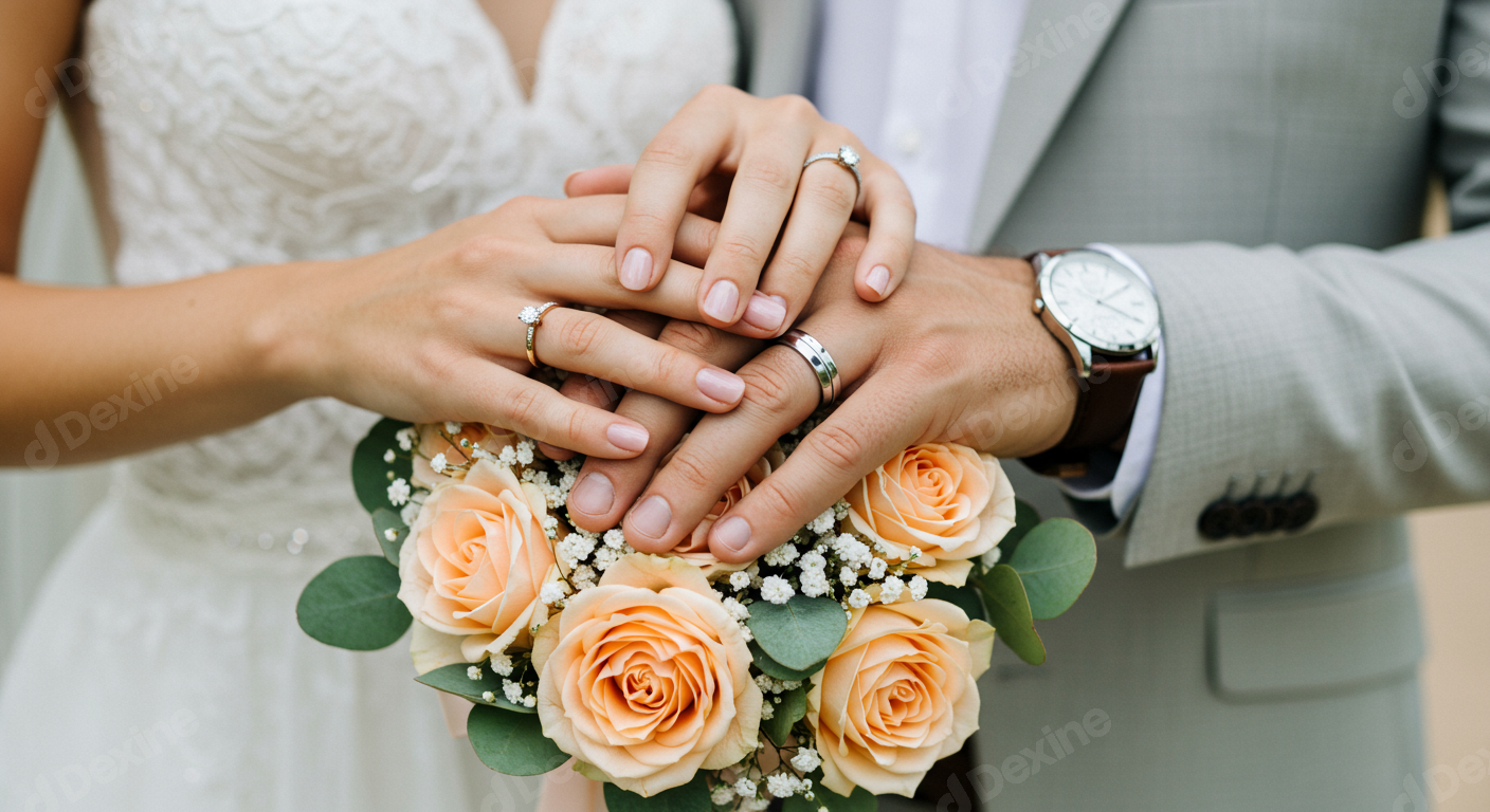 Newlywed Couples Hands With Wedding Rings And Rose Bouquet