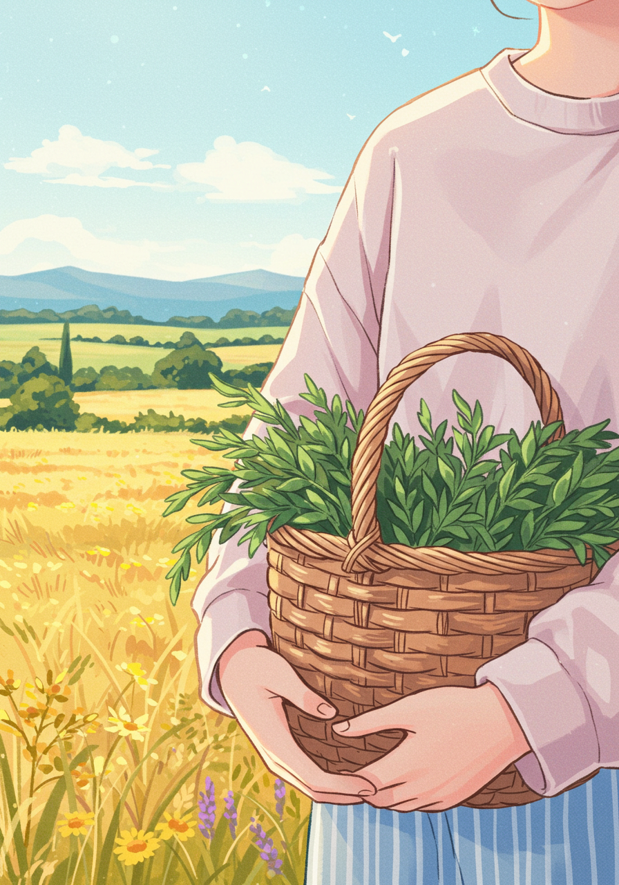 Peaceful Anime Illustration Person Holding Basket Of Greens In Sunny Meadow