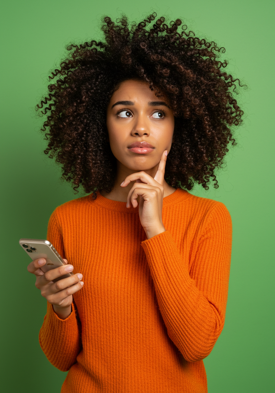 Pensive Young Woman Holding Smartphone Thinking On Green Background