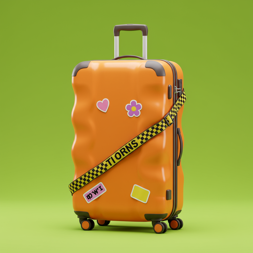 Quirky Damaged Orange 3D Travel Suitcase With Stickers And Caution Strap