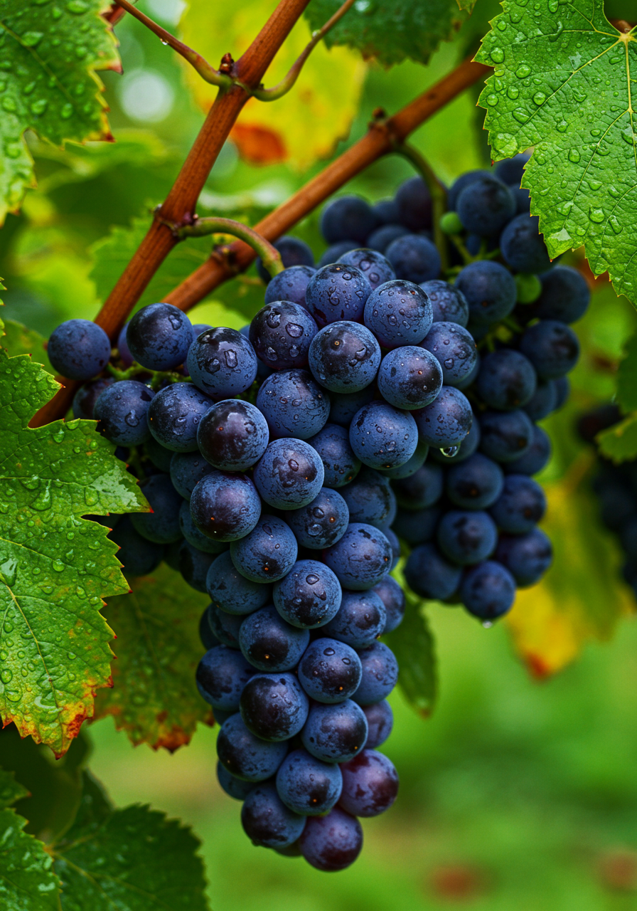 Ripe Dark Grapes Cluster With Raindrops On Vineyard Vine