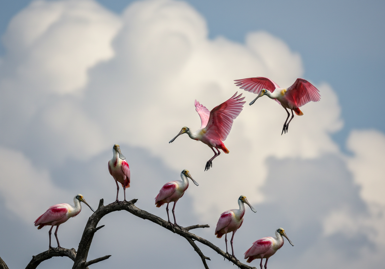 Roseate Spoonbills Flying And Perching On Branch Against Cloudy Sky
