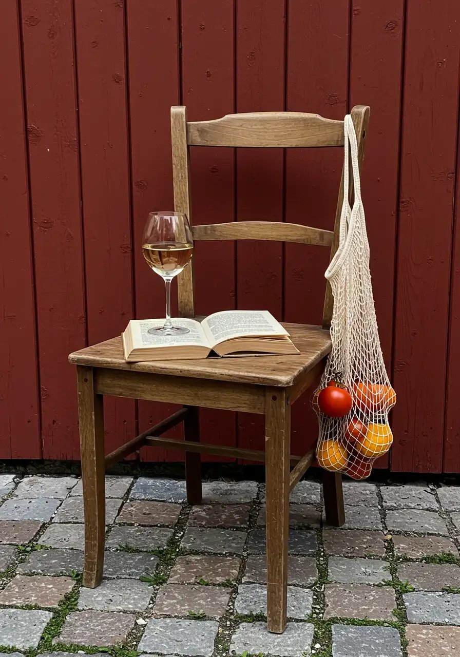 Rustic Scene With Chair Wine And A Book