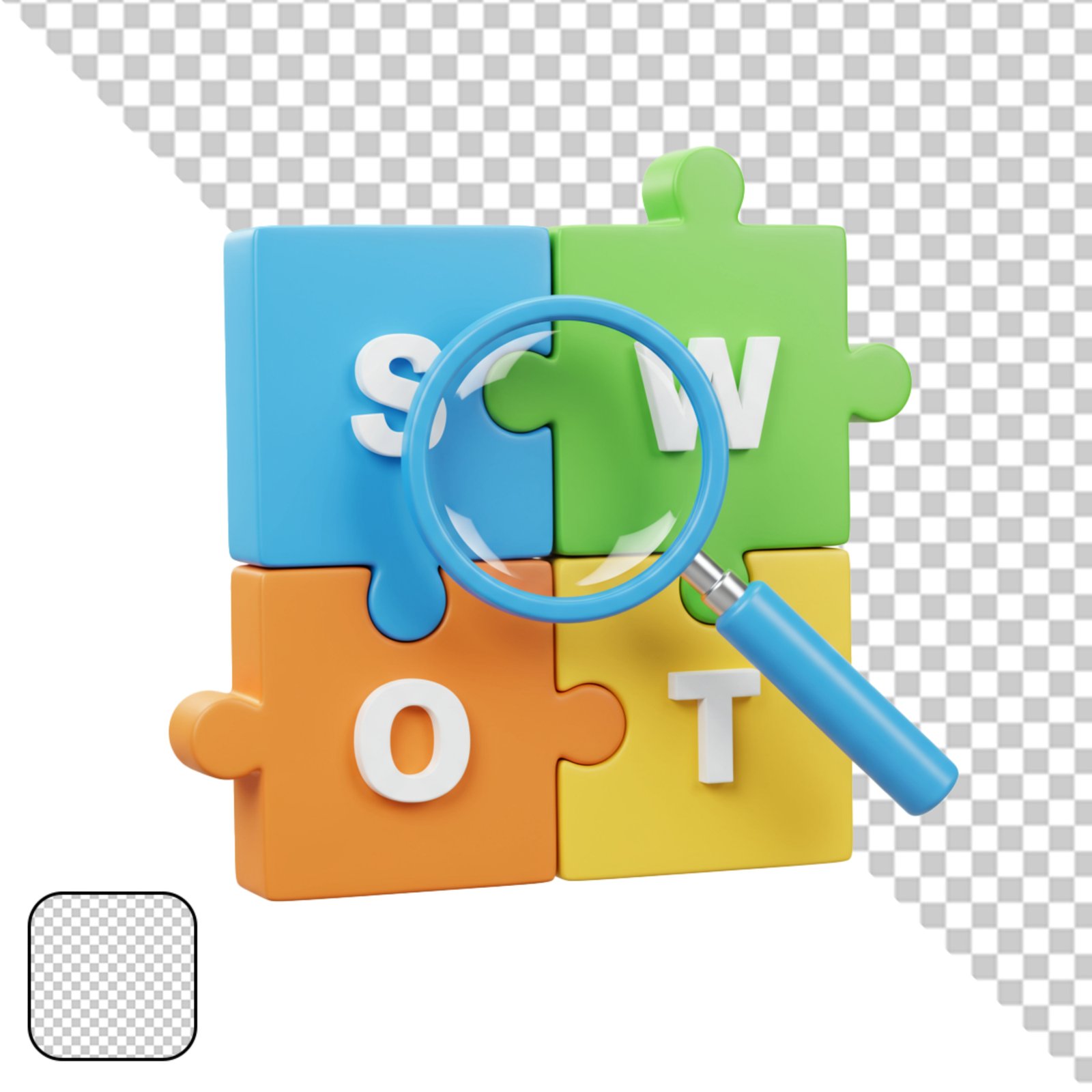SWOT Analysis Puzzle Pieces With Magnifying Glass 3D Icon Transparent PNG