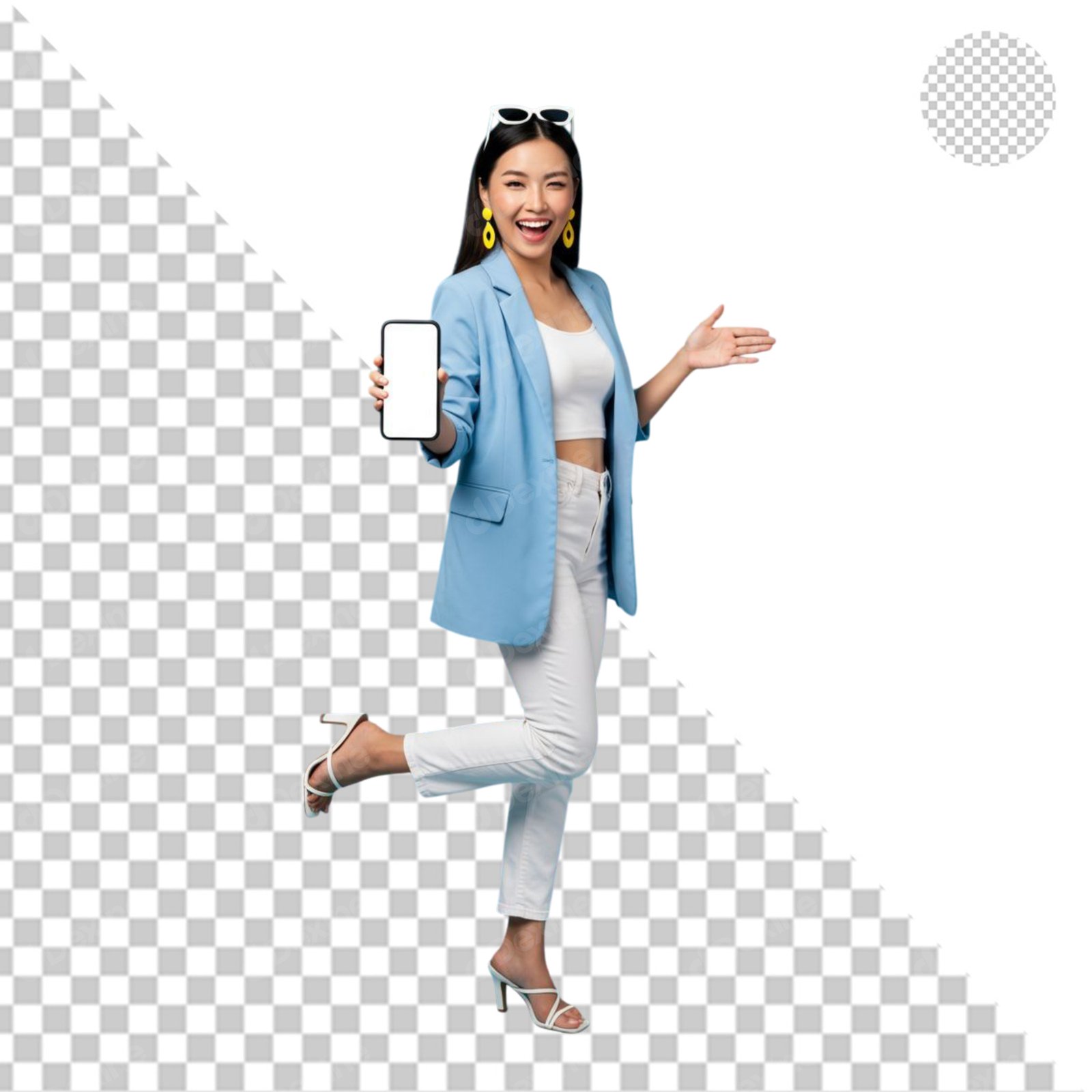 Smiling Asian Woman Showing Blank Smartphone Screen Cutout Transparent PNG