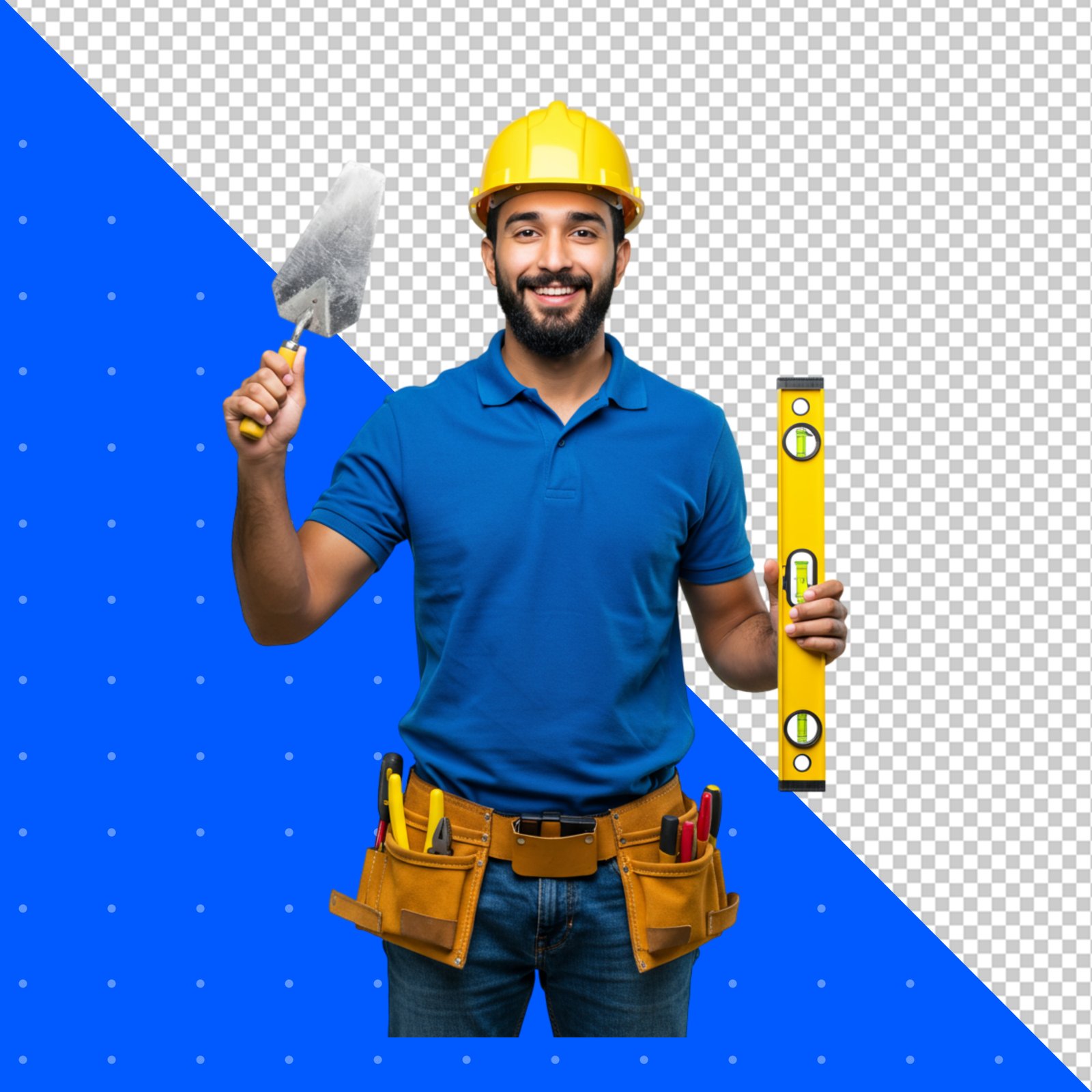 Smiling Construction Worker With Trowel And Level On Transparent Background