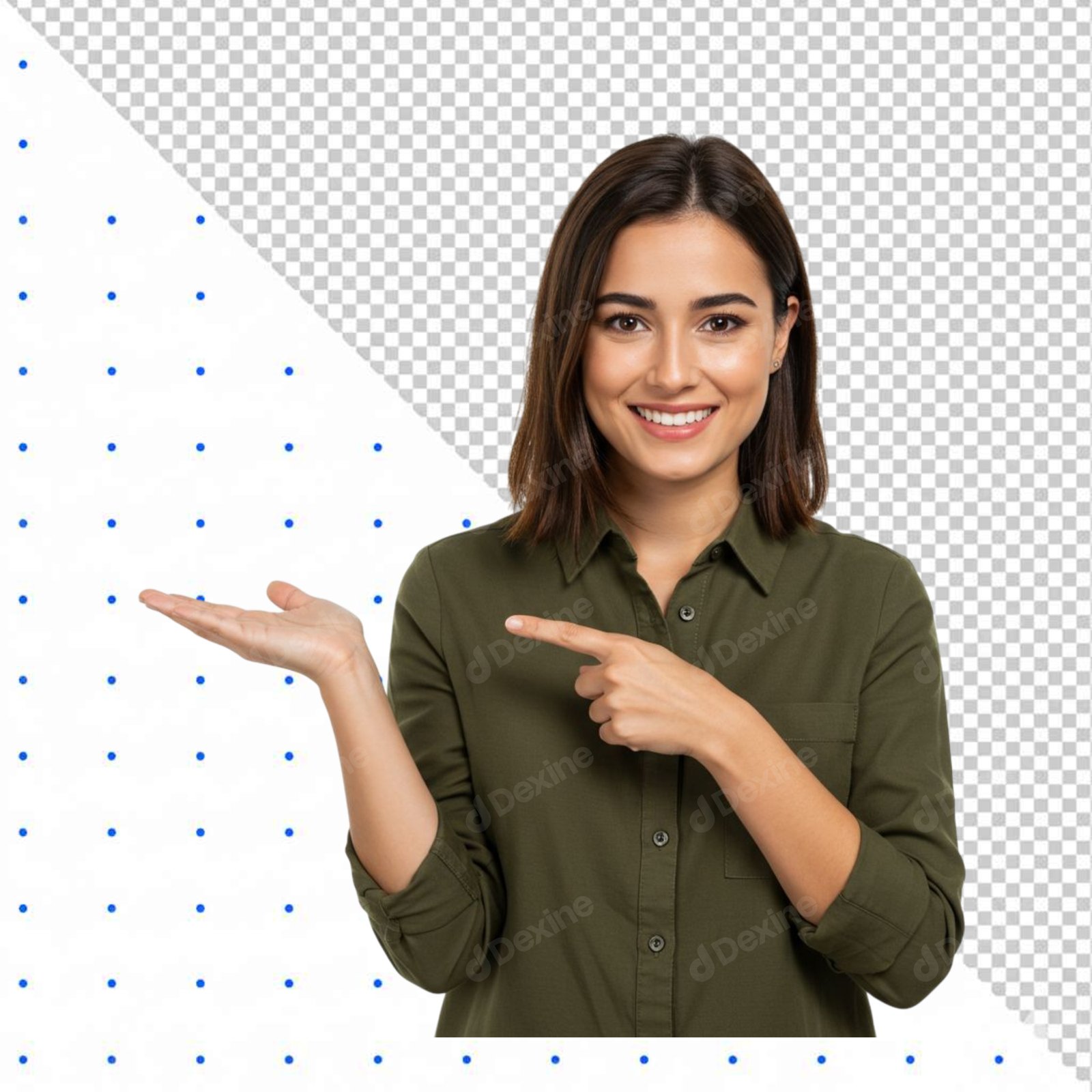 Smiling Woman Pointing And Presenting Hand On Transparent Background PNG