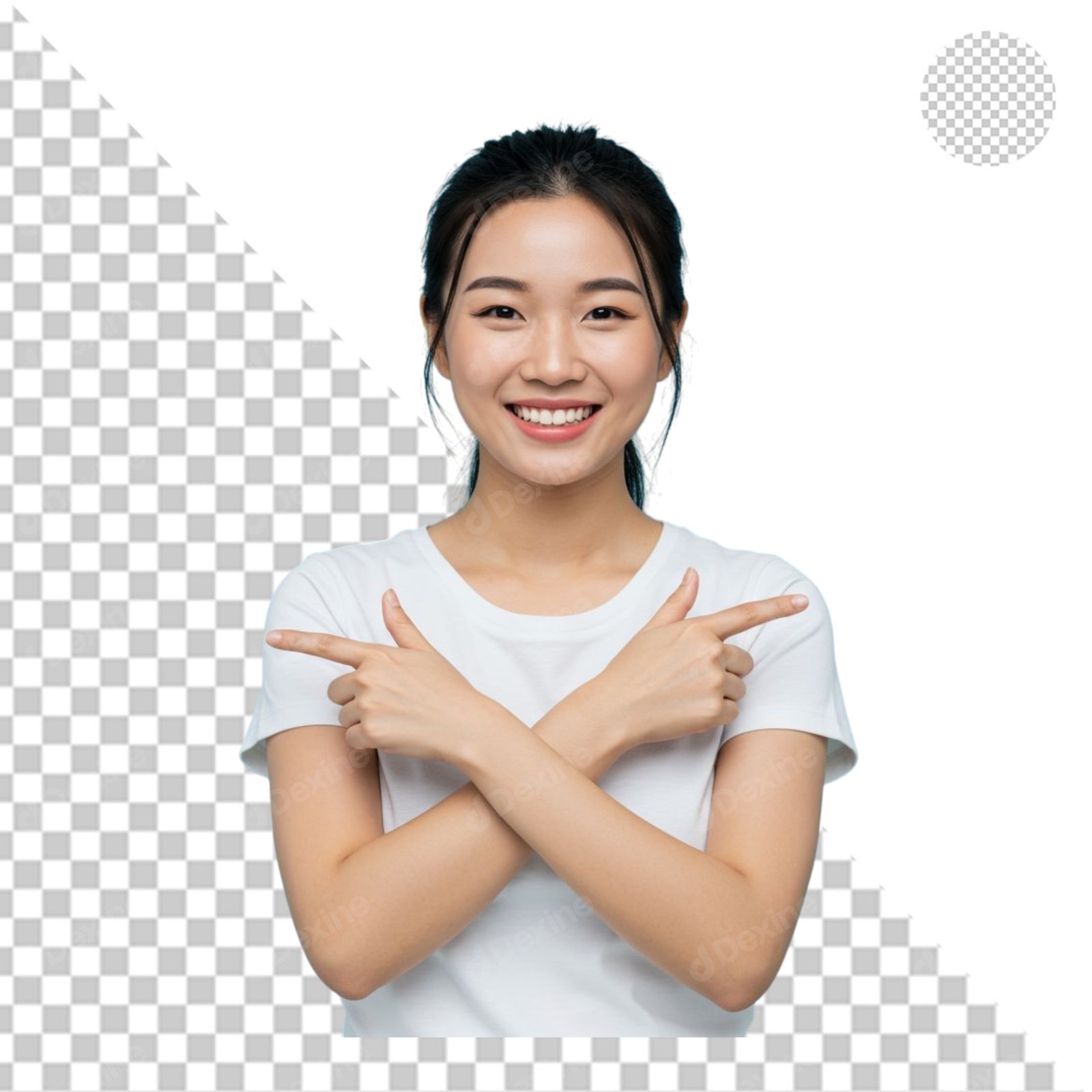 Smiling Young Asian Woman Pointing Both Directions Transparent PNG Cutout