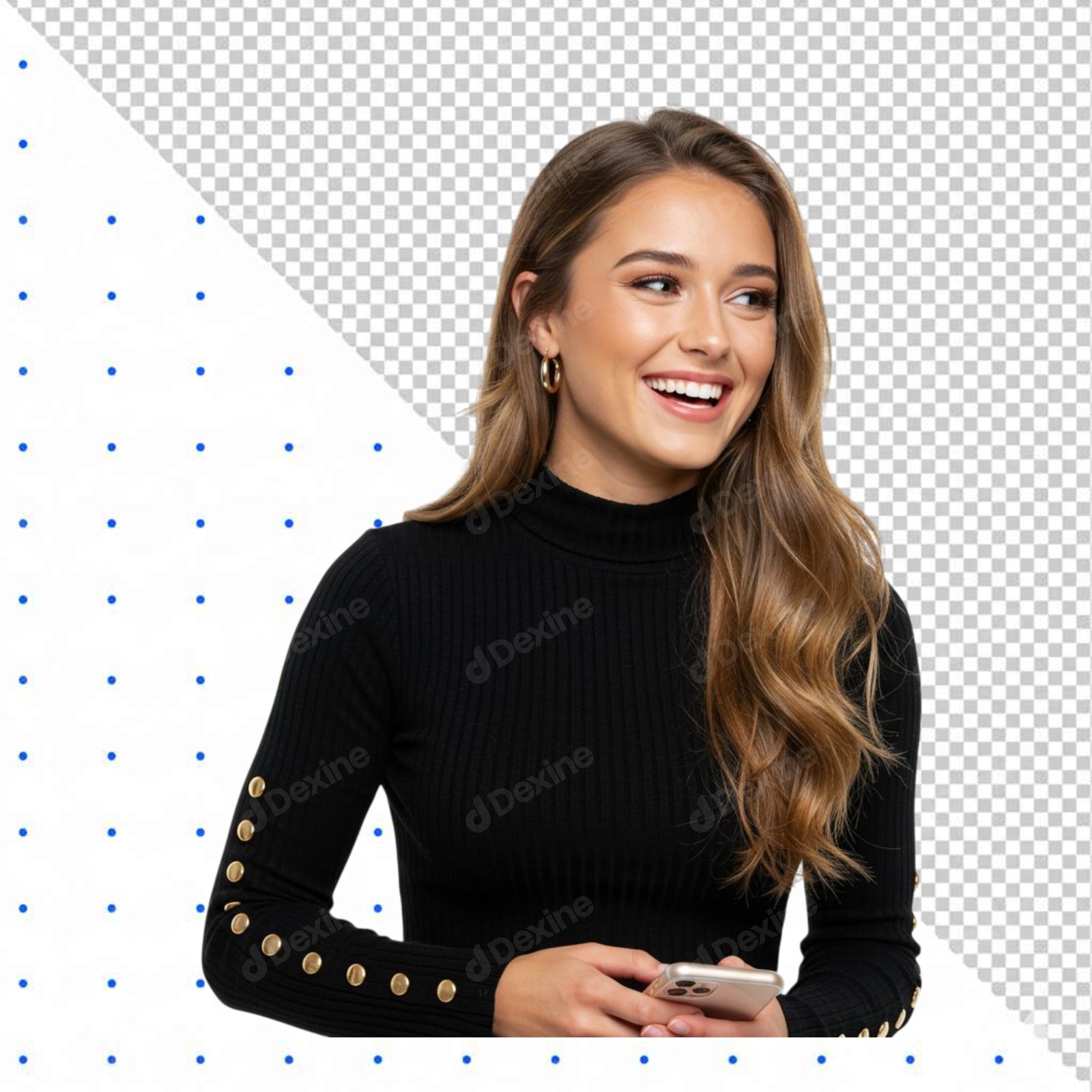 Smiling Young Woman Holding Smartphone Isolated On Transparent Background