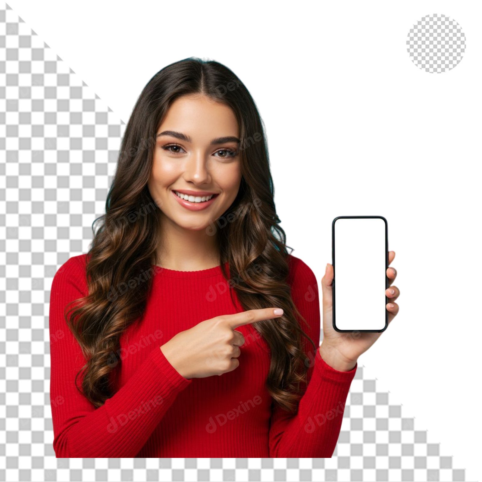 Smiling Young Woman Pointing At Blank Smartphone Screen Isolated Transparent PNG