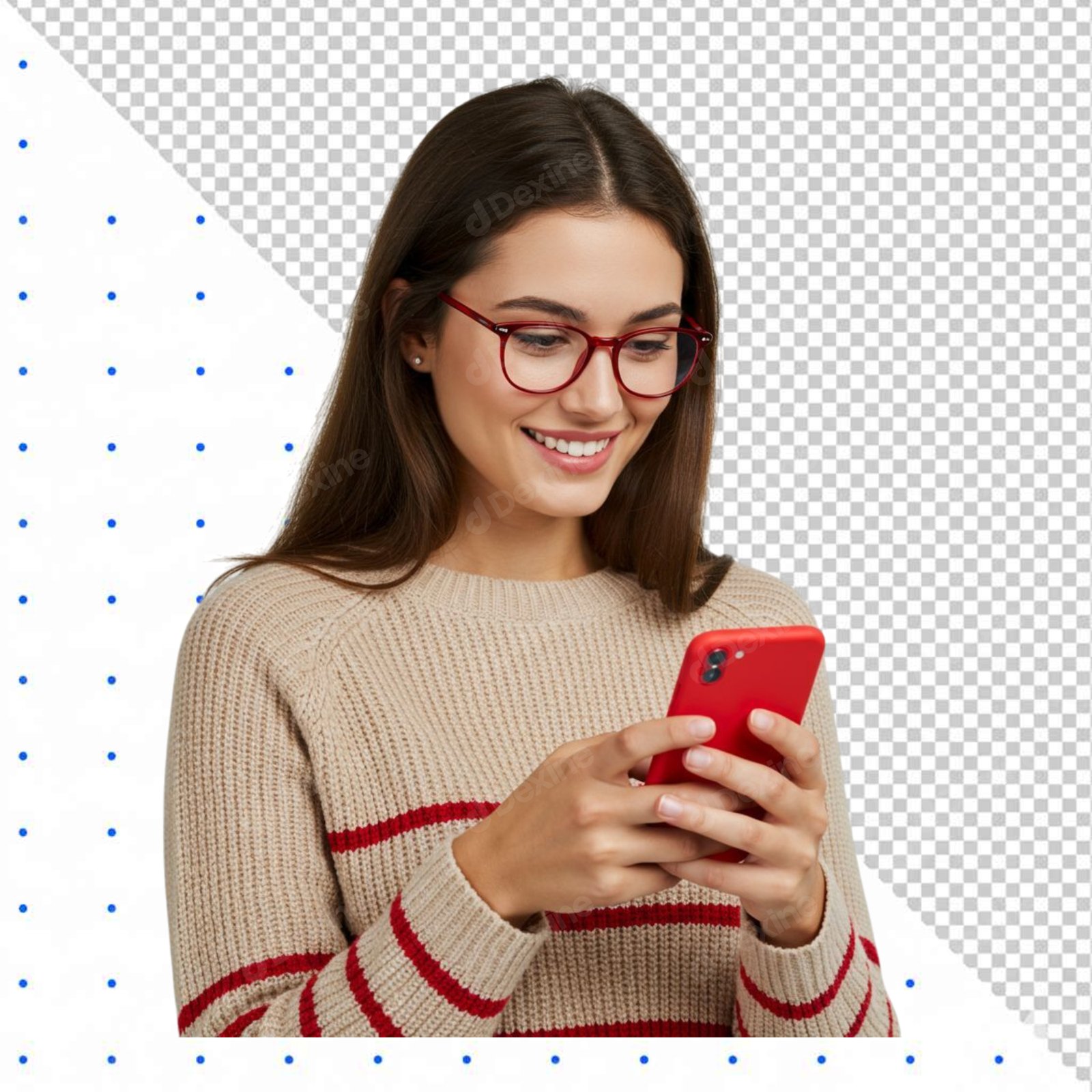 Smiling Young Woman Using Red Smartphone Isolated On Transparent Background