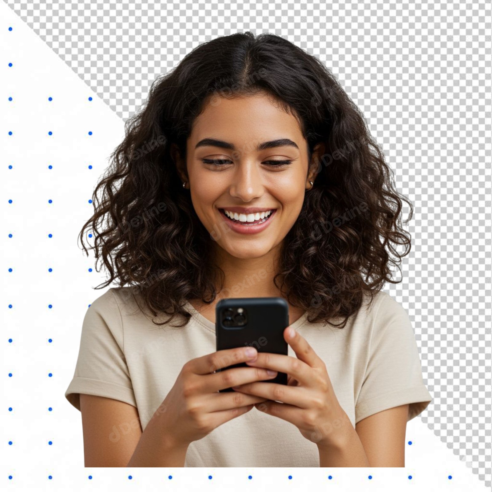 Smiling Young Woman Using Smartphone Transparent Background PNG