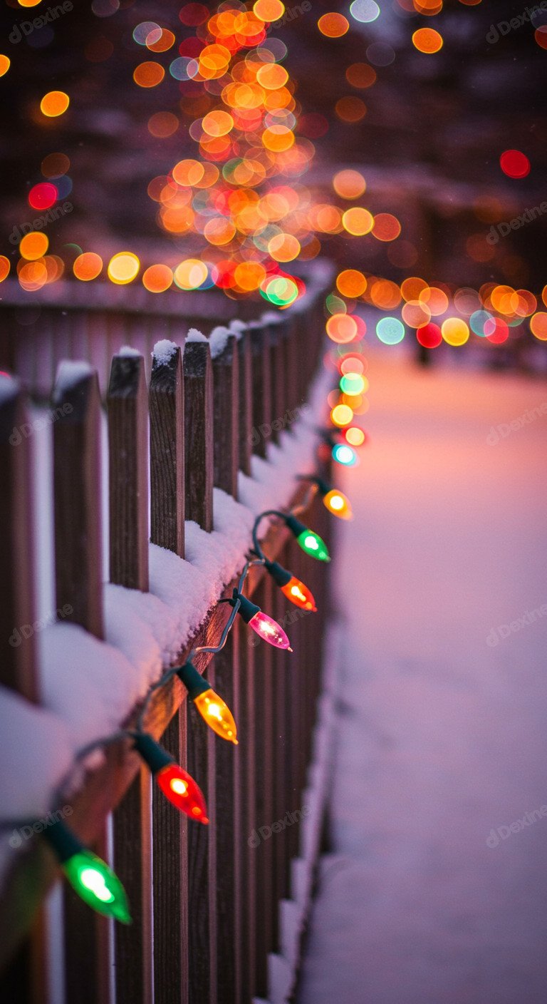 Snowy Fence Illuminated By Christmas Lights Festive Season Vibe