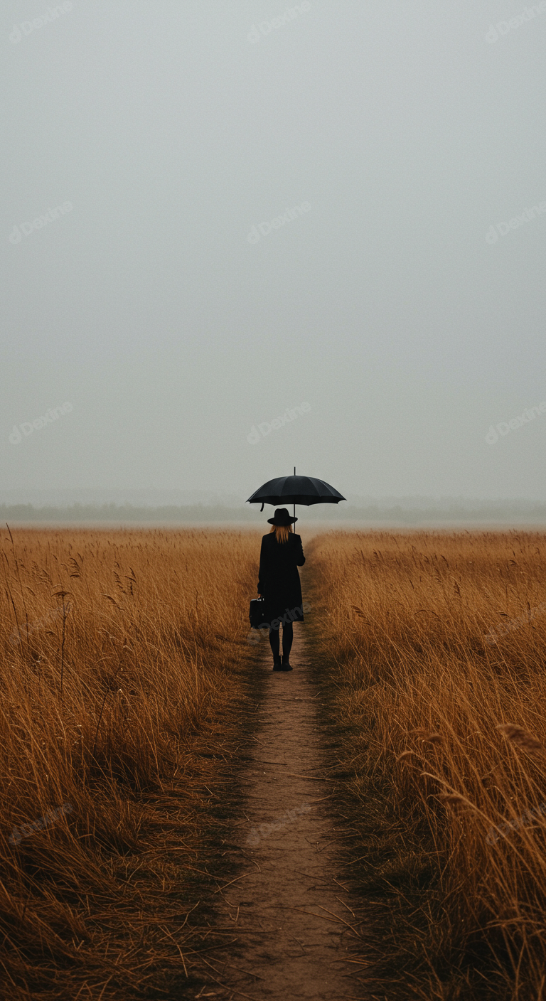 Solitary Woman With Umbrella Walking A Path In Misty Golden Field