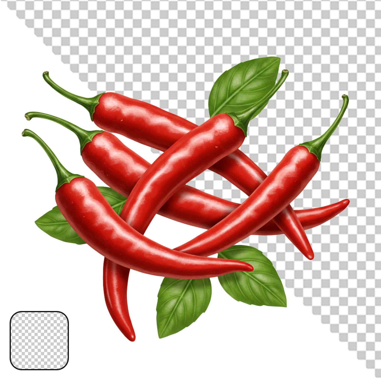 Spicy Red Chili Peppers And Fresh Basil Leaves Isolated On Transparent Background