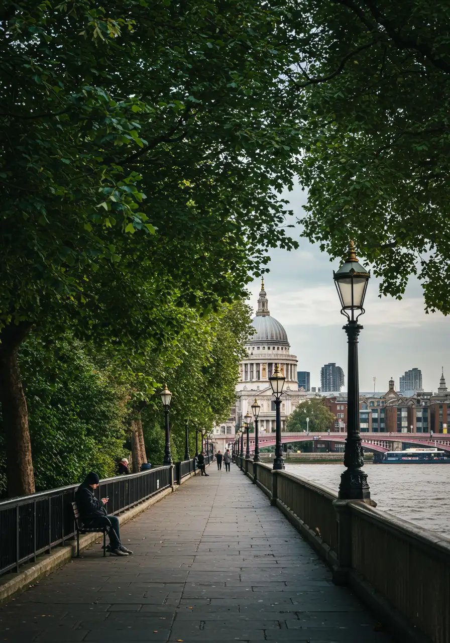 St Pauls Cathedral Dome View From Thames Embankment Walkway London