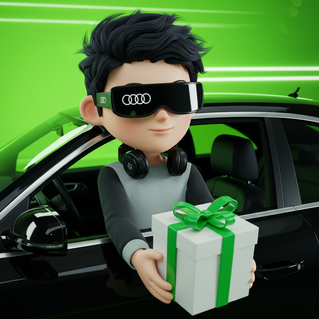 Stylish 3D Character In VR Headset Delivering A Gift From Car