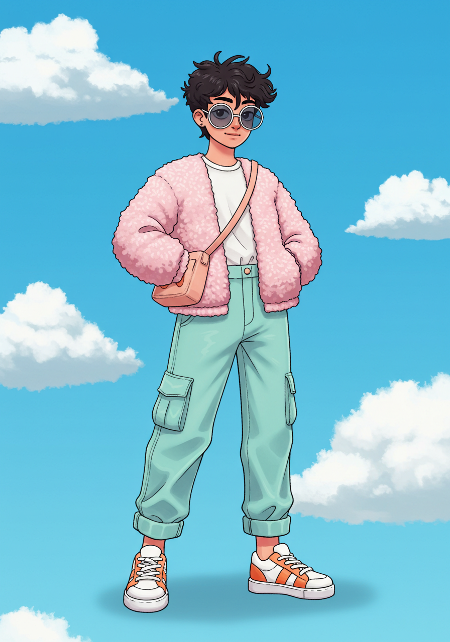 Stylish Cartoon Character In Trendy Outfit Against Blue Sky