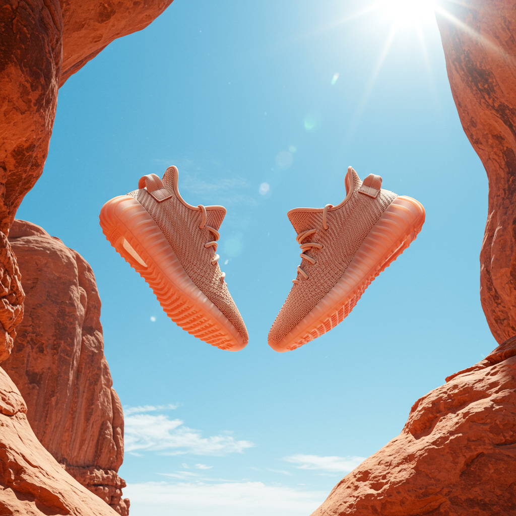 Stylish Tan Sneakers Floating Between Desert Red Rocks