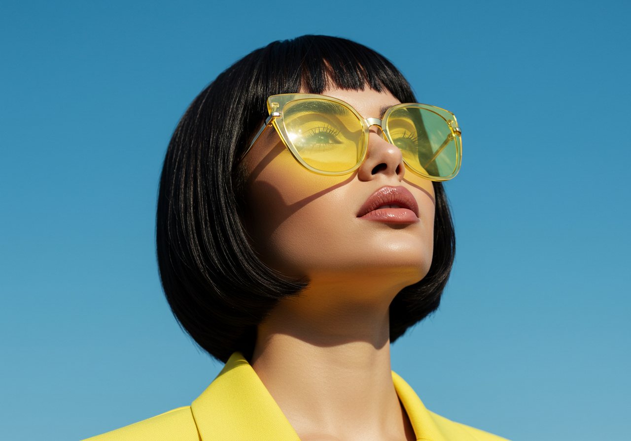 Stylish Woman Wearing Yellow Sunglasses Looking Up On Sunny Day