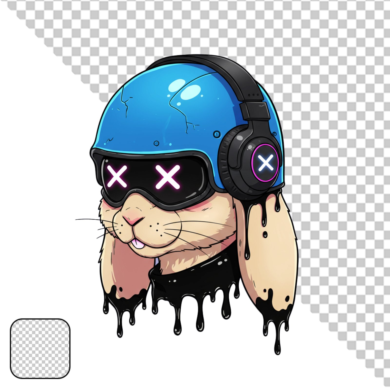 Stylized Cartoon Rabbit With Helmet Headphones Glowing Goggles Dripping Ink PNG