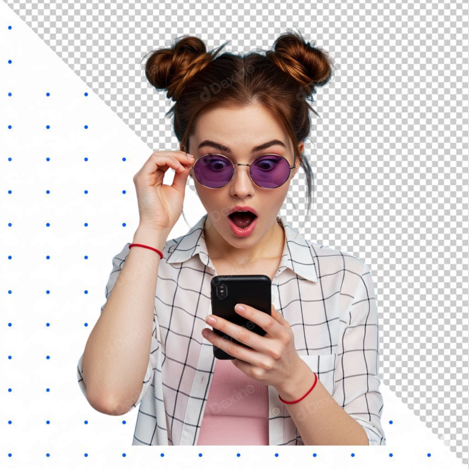 Surprised Woman With Purple Sunglasses And Smartphone Isolated PNG