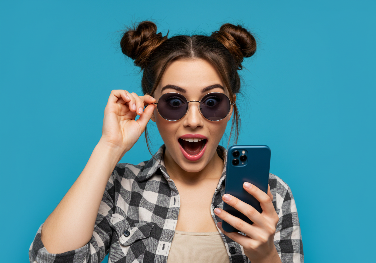 Surprised Young Woman In Sunglasses Looking At Smartphone