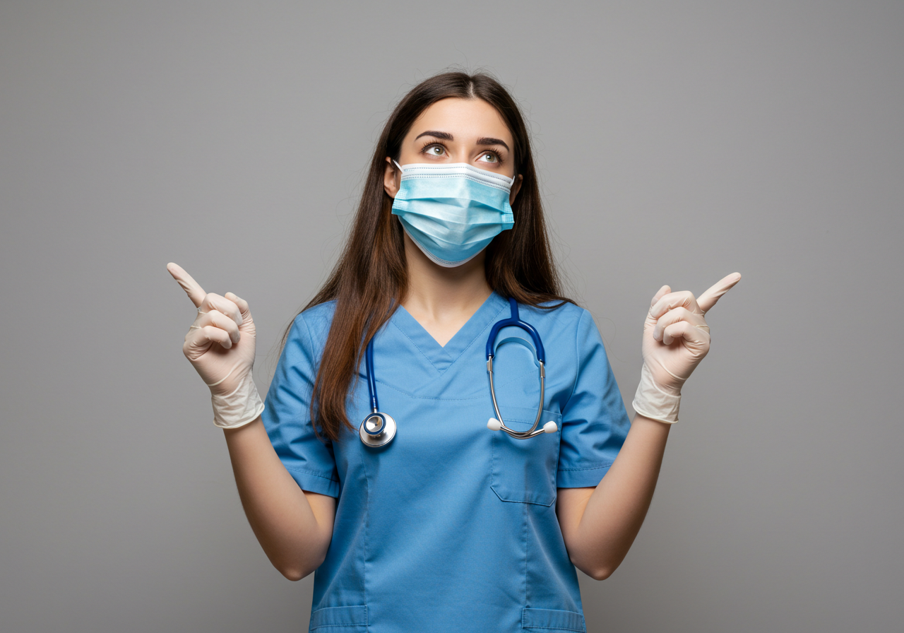Thoughtful Nurse In Mask And Gloves Pointing Upwards