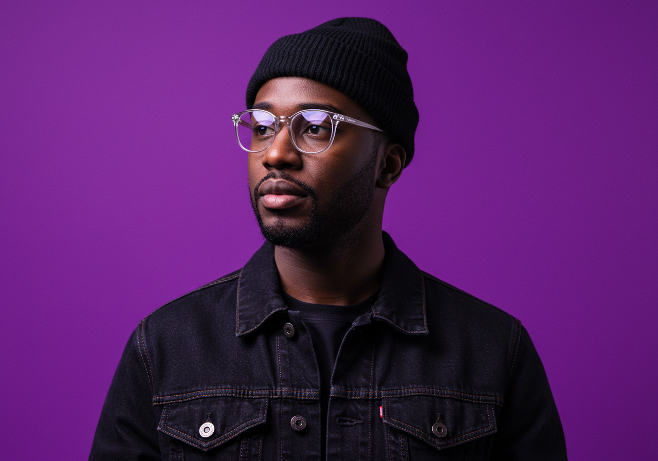 Thoughtful Young Black Man In Beanie And Clear Glasses On Purple Background