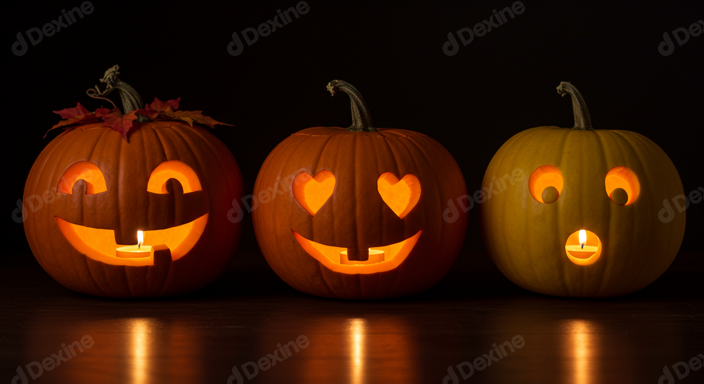 Three Carved Halloween Jack O Lanterns Glowing With Candles In Dark