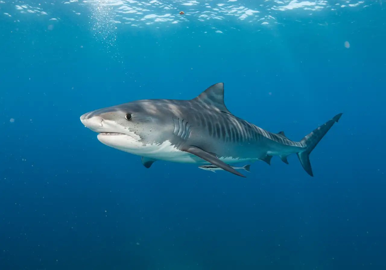 Tiger Shark Swimming In Clear Blue Water