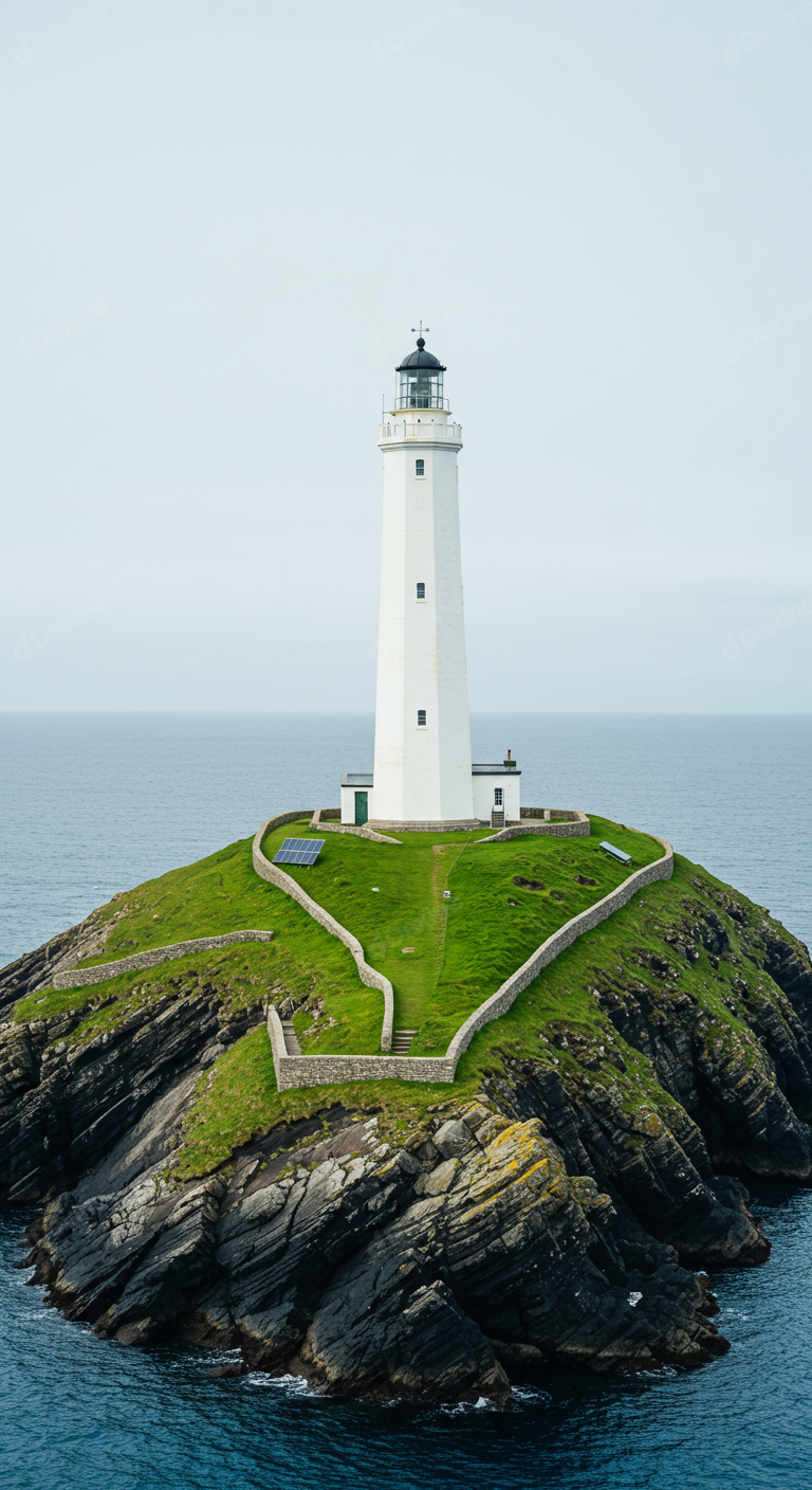 Tranquil White Lighthouse On Isolated Green Island Cliff
