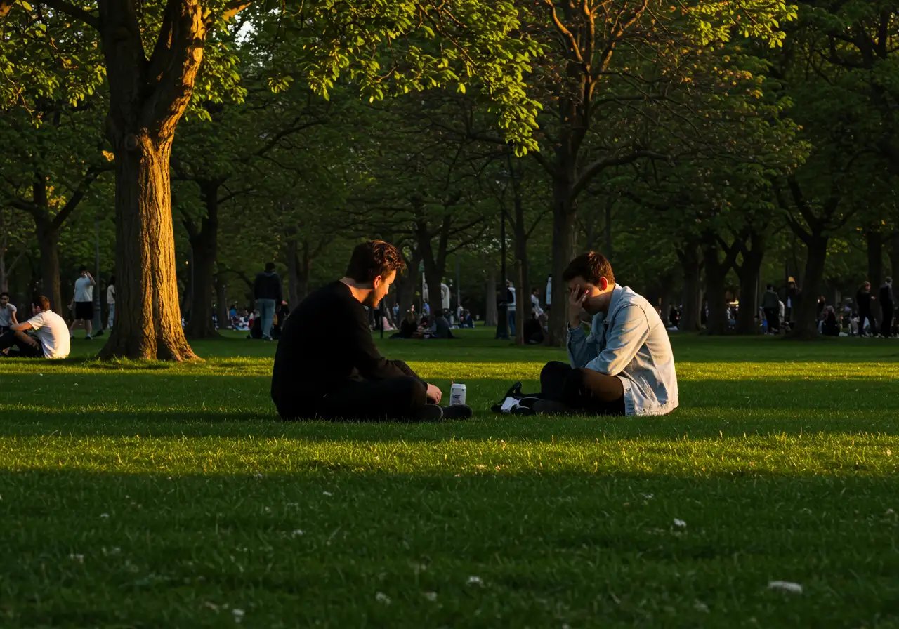 Two Men Sitting And Talking In A Park At Sunset