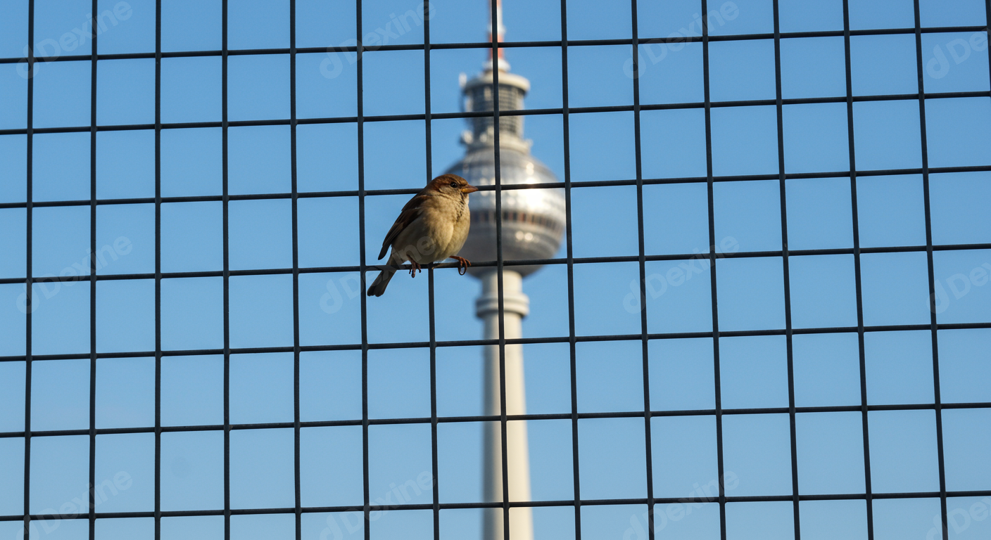 Urban Sparrow Perched On Wire Fence Berlin TV Tower Background