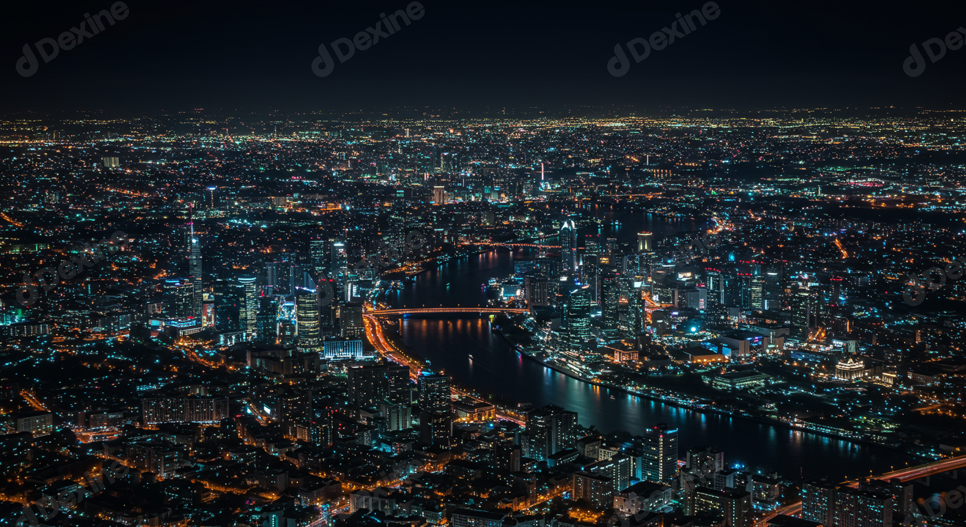 Vibrant Aerial Night View Of Modern Cityscape And River