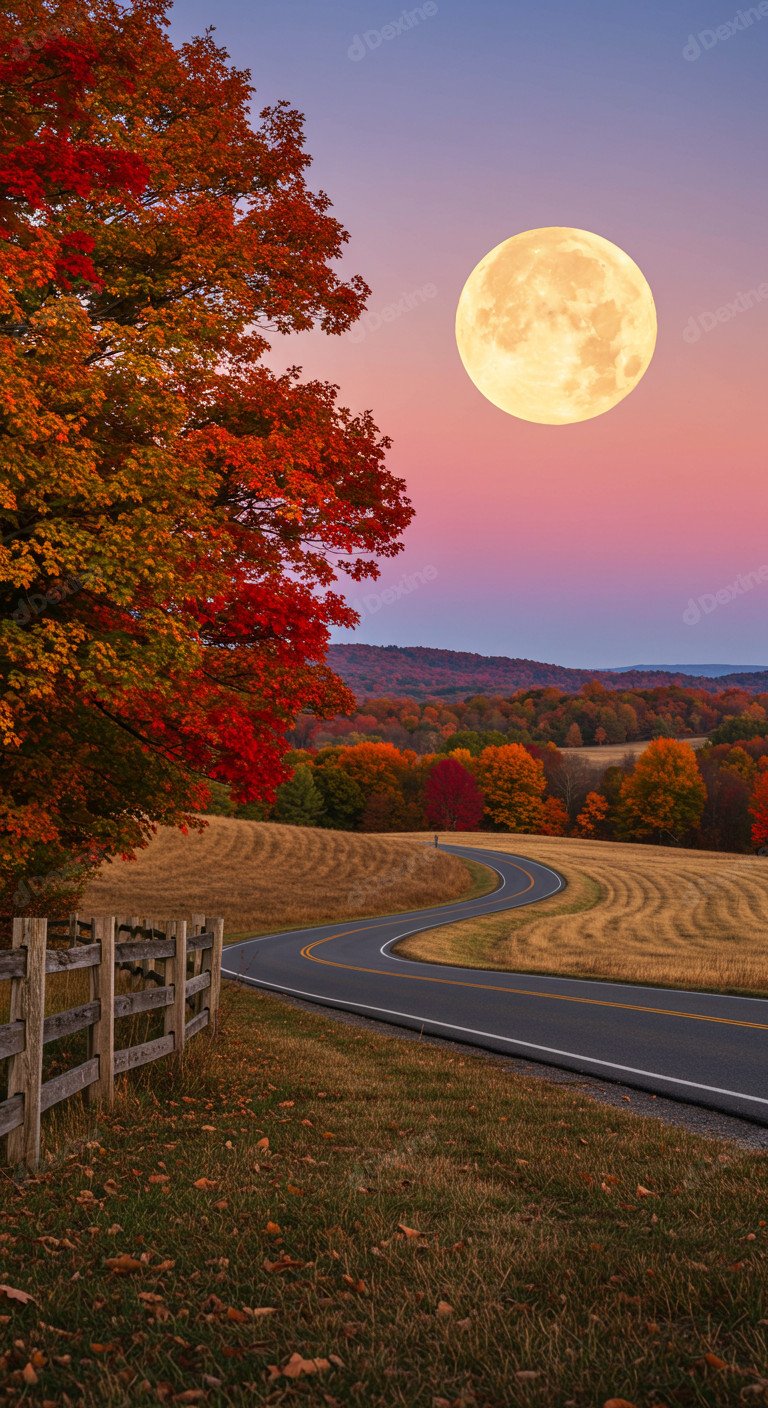 Vibrant Autumn Landscape With Full Moon Festive Season Vibe